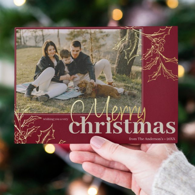 Merry Christmas Red Holly Berry Gold Custom Photo Foil Holiday Card (Merry Christmas Red Holly Berry Gold Custom Photo Foil Holiday Card)