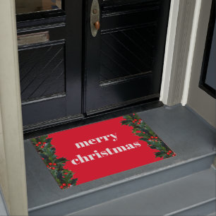 Merry Christmas Red Holly Border Welcome Mat