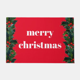 Merry Christmas Red Holly Border Welcome Mat