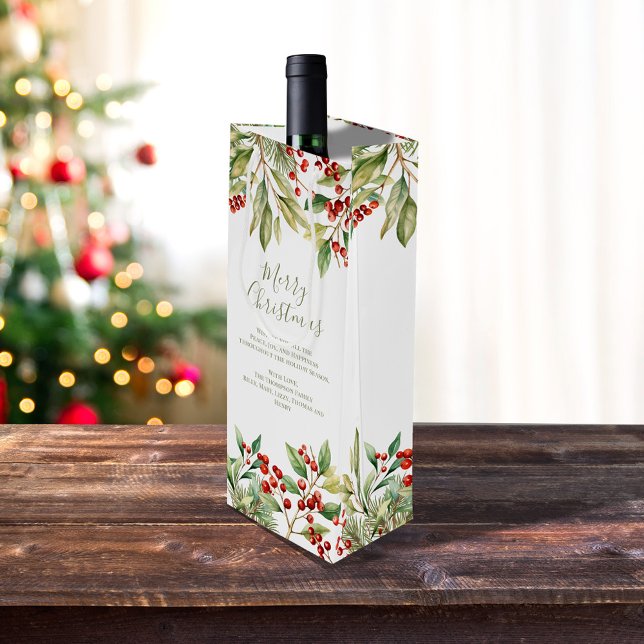 Merry Christmas Red Holly Greenery Custom Wine Gift Bag (Merry Christmas red holly and greenery wine gift bag)