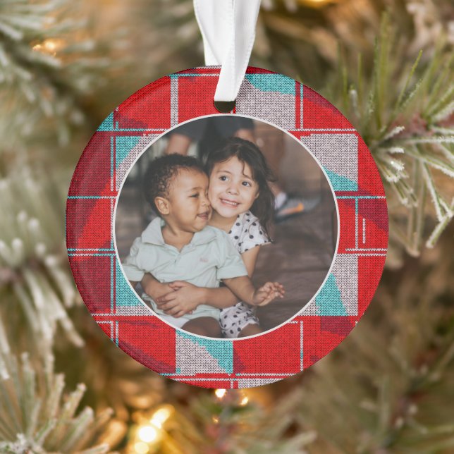 Merry Christmas Red Knit Knitting Family Photo Ornament (Tree)