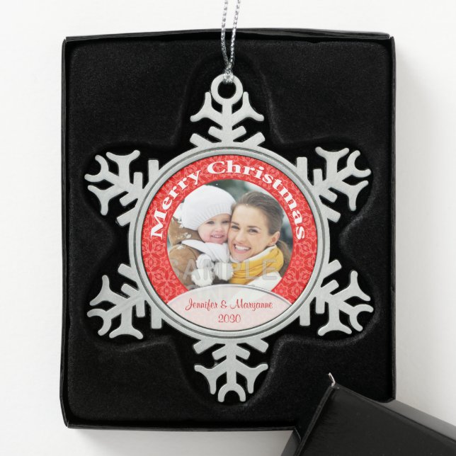 Merry Christmas Red Lace Photo Snowflake Pewter Christmas Ornament (Box)