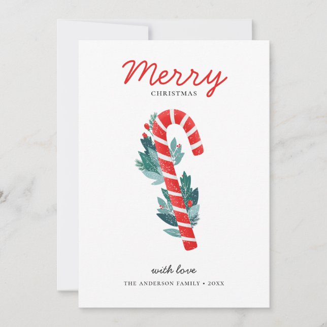 Merry Christmas. Red lollipop candy & blue floral Holiday Card (Front)