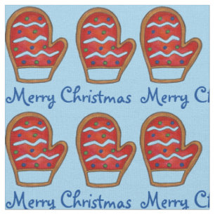 Merry Christmas Red Mitten Sugar Cookies Blue Fabric
