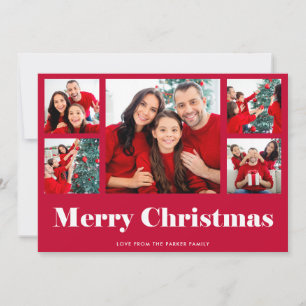 Merry Christmas Red Modern Photo Grid Holiday Card