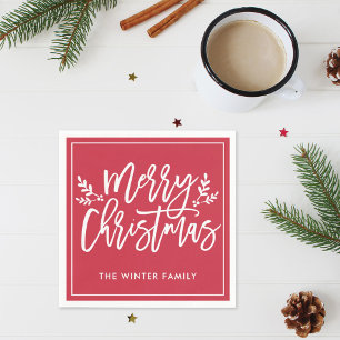 Merry Christmas Red Modern Script Holiday Napkin