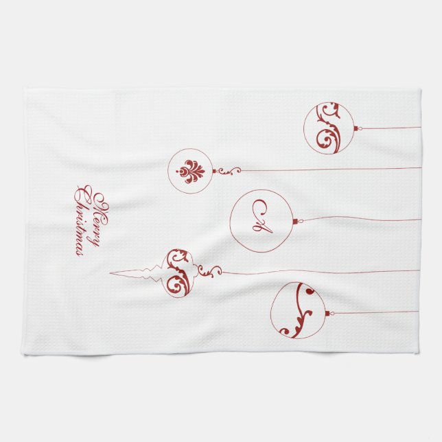 Merry Christmas Red Monogram Bauble Ornaments Tea Towel (Horizontal)