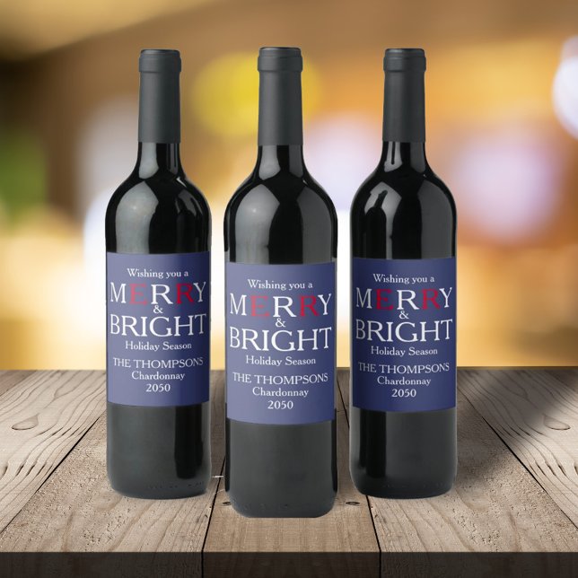 Merry Christmas Red Navy Blue Simple Minimalist  Wine Label (Creator Uploaded)