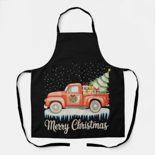 Merry Christmas Red Old Fashioned Truck Xmas Tree Apron