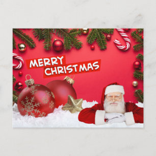 Merry Christmas Red Ornaments, Santa, Candy Cane  Holiday Postcard