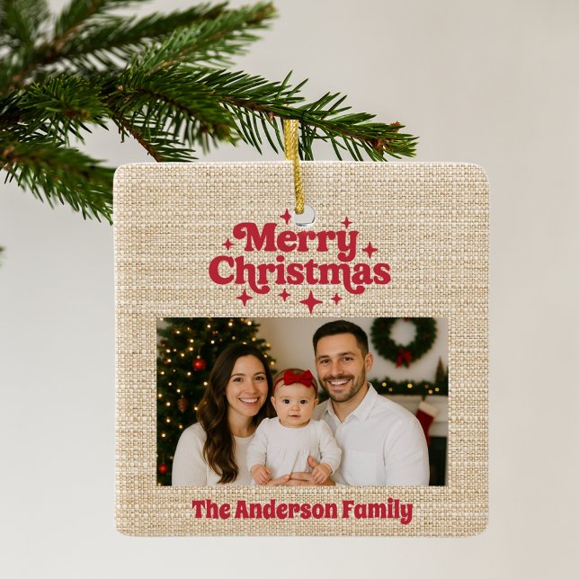Merry Christmas red photo beige burlap Ceramic Ornament (Creator Uploaded)