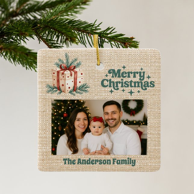 Merry Christmas red photo beige burlap gift box Ceramic Ornament (Creator Uploaded)