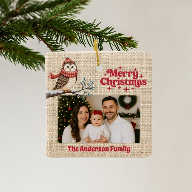 Merry Christmas red photo beige burlap owl Ceramic Ornament (Creator Uploaded)