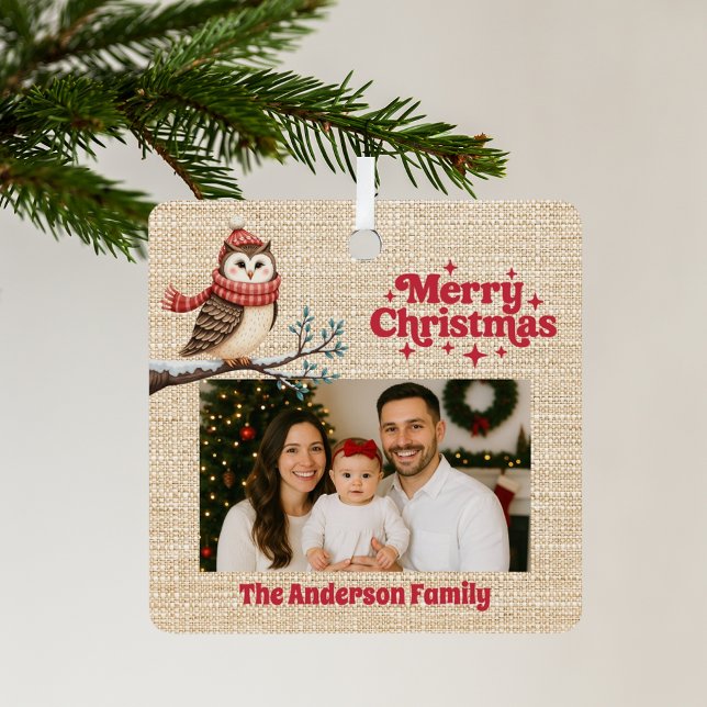 Merry Christmas red photo beige burlap owl Metal Tree Decoration (Creator Uploaded)