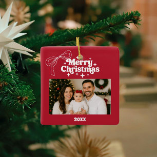 Merry Christmas red photo bow hand-drawn retro Ceramic Ornament