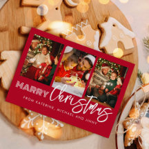 Merry Christmas Red Photo Collage Family Card