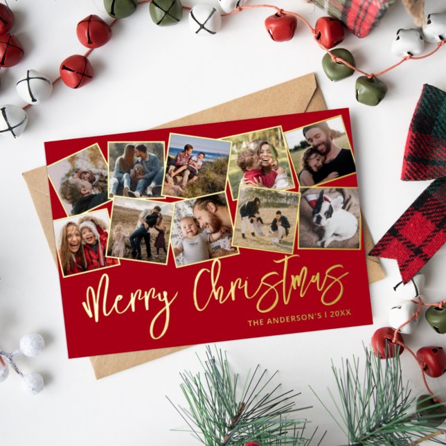 Merry Christmas Red Photo Collage Foil Holiday Card (Creator Uploaded)