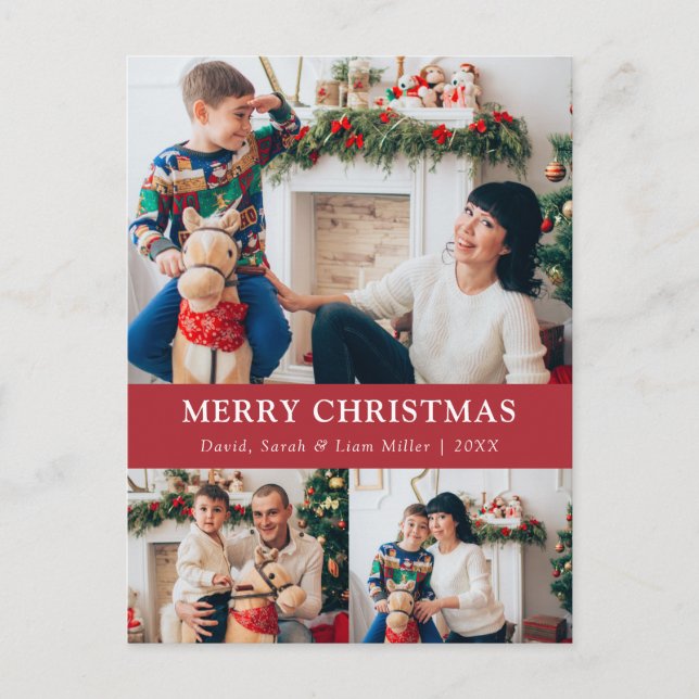 Merry Christmas Red Photo Collage Postcard (Front)