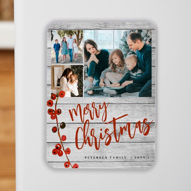 Merry Christmas red photo collage rustic  Magnet (Creator Uploaded)