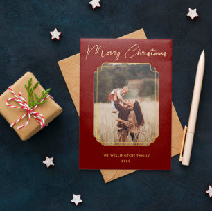 Merry Christmas Red Photo Gold Frame Snowflake  Foil Holiday Card