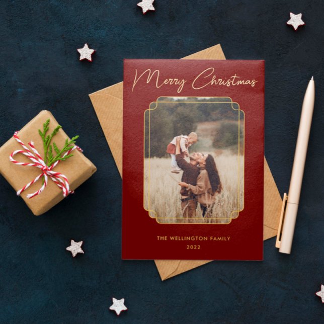 Merry Christmas Red Photo Gold Frame Snowflake  Foil Holiday Card (Creator Uploaded)