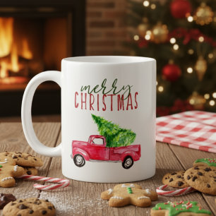 Merry Christmas Red pickup truck tree watercolor Coffee Mug