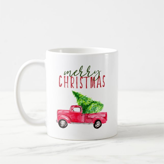 Merry Christmas Red pickup truck tree watercolor Coffee Mug (Left)
