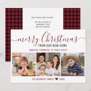 Merry Christmas Red Plaid 3 Photo Holiday Moving   Announcement