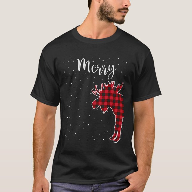 Merry Christmas Red Plaid Buffalo Moose Couples Ma T-Shirt (Front)