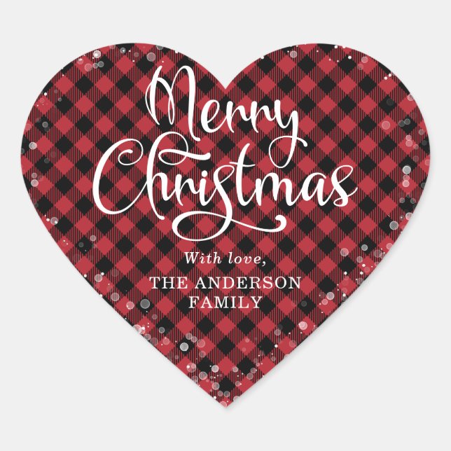 Merry Christmas Red Plaid Calligraphy Snow Heart Sticker (Front)