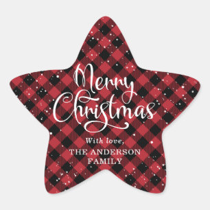 Merry Christmas Red Plaid Calligraphy Snow Star Sticker