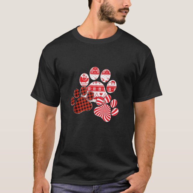 Merry Christmas Red Plaid Candy Cane Dog Paw Print T-Shirt (Front)