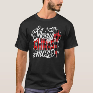 Merry Christmas Red Plaid Cross Christian Jesus Ch T-Shirt