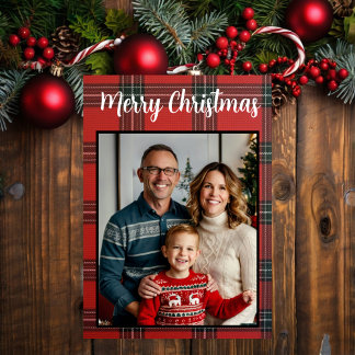 merry Christmas red  plaid custom family photo Holiday Card