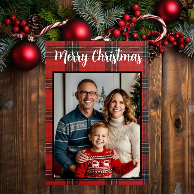 merry Christmas red  plaid custom family photo Holiday Card (Creator Uploaded)