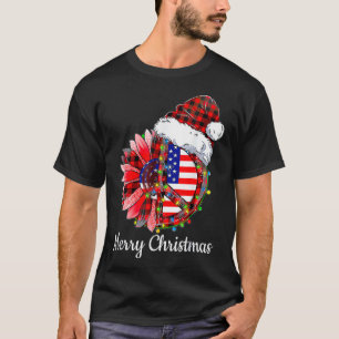 Merry Christmas Red Plaid Peace Sign Lights USA Fl T-Shirt