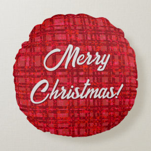 Merry Christmas Red Plaid Round Throw Pillow