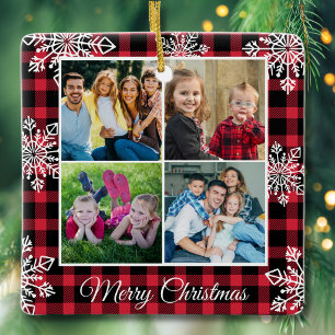Merry Christmas Red Plaid Snowflakes 4 Photo  Ceramic Ornament