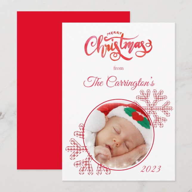 Merry Christmas Red Plaid Snowflakes Photo Holiday (Front/Back)