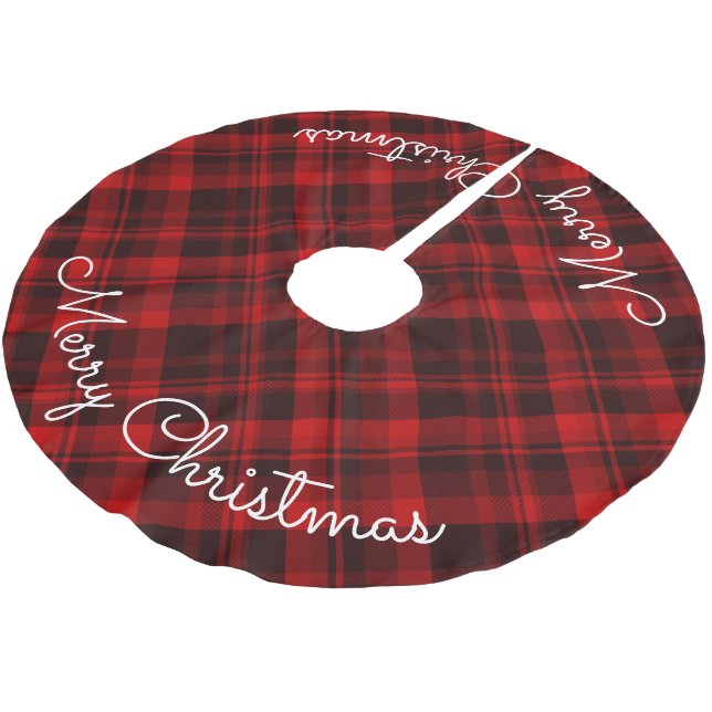 Merry Christmas Red Plaid Tartan Brushed Polyester Tree Skirt (Angled)