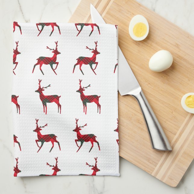 Merry Christmas Red Plaid Tartan Reindeer Pattern Tea Towel (Quarter Fold)
