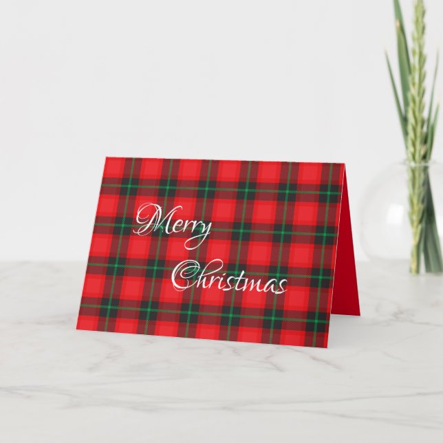 Merry Christmas Red Plaid Tartan Traditional Holiday Card (Front)