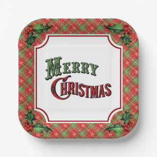 Merry Christmas Red Plaid with Holly Paper Plate
