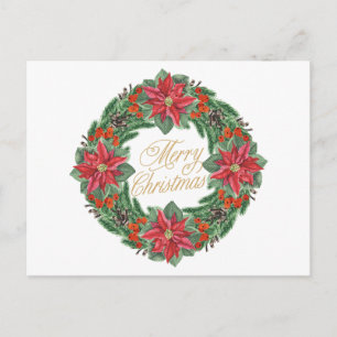 Merry Christmas Red Poinsettia and Berries Wreath Postcard