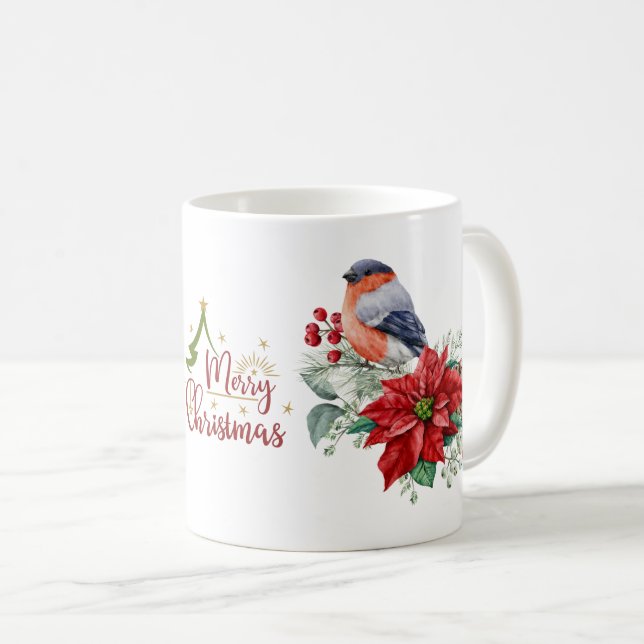 Merry Christmas Red Poinsettia Bird Holly Berry Coffee Mug (Front Right)