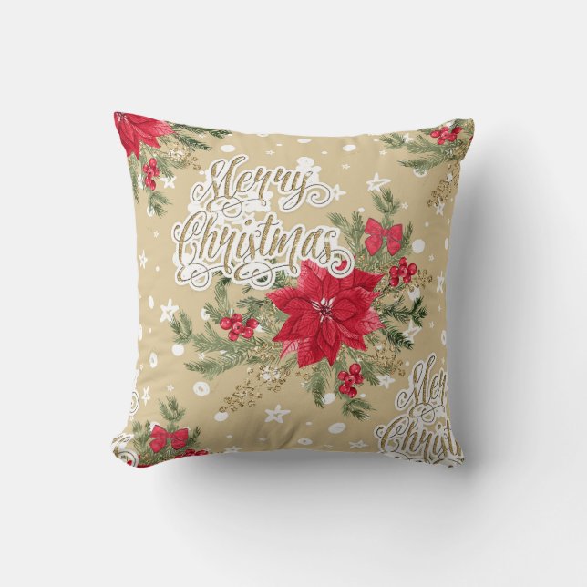 Merry Christmas Red Poinsettia Cushion (Front)