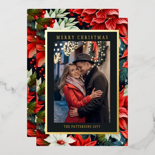 Merry Christmas Red Poinsettia Floral Photo Foil Holiday Card (Front/Back)