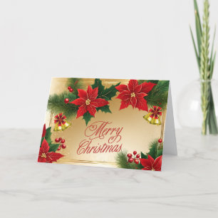Merry Christmas Red Poinsettia Flowers, Bells  Holiday Card