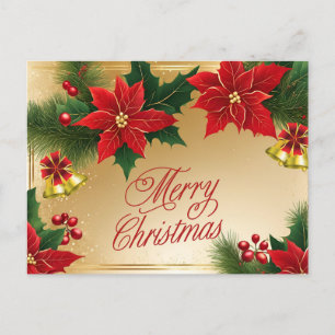 Merry Christmas Red Poinsettia Flowers, Bells Holiday Postcard