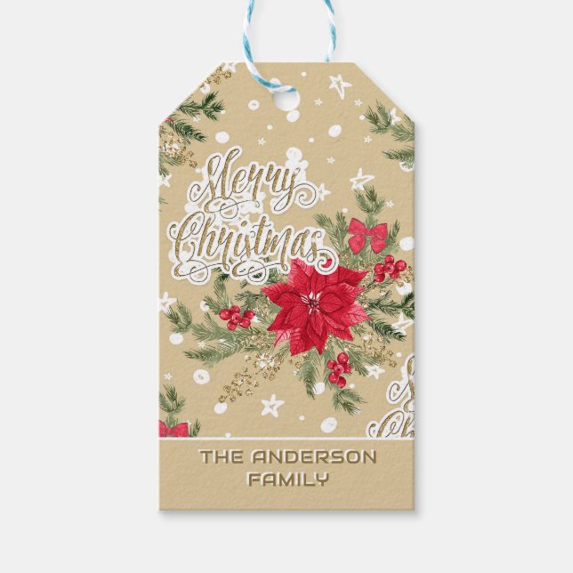 Merry Christmas Red Poinsettia Gift Tags (Front)